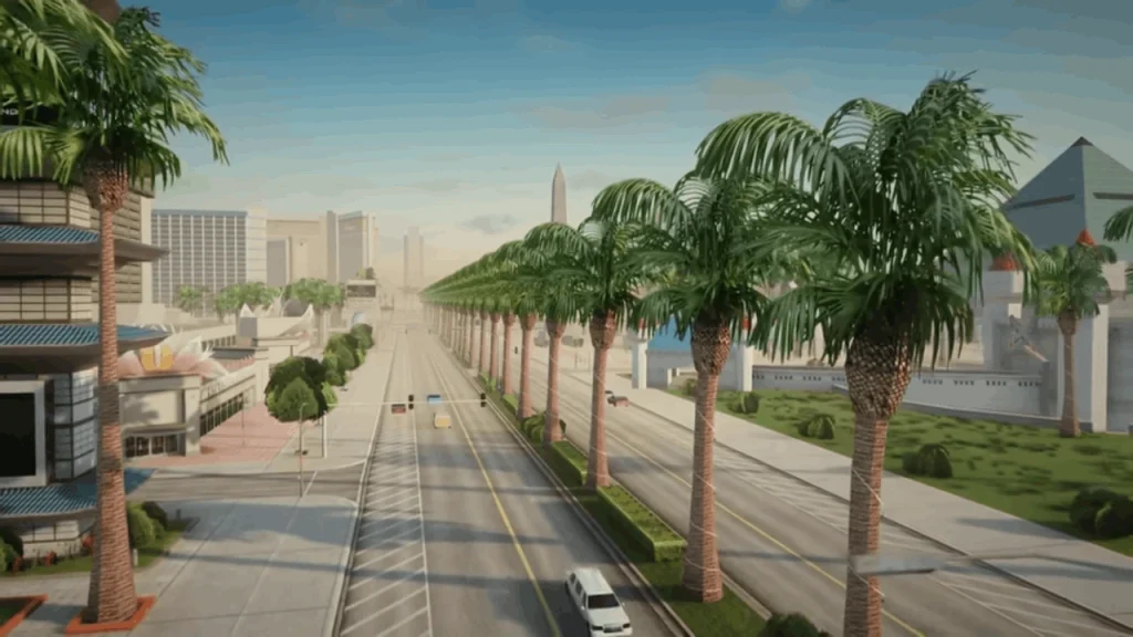 GTA SA car on a road surrounded with long trees