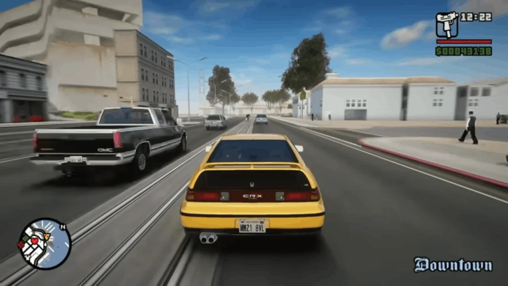A yellow car running on a gta road with other cars